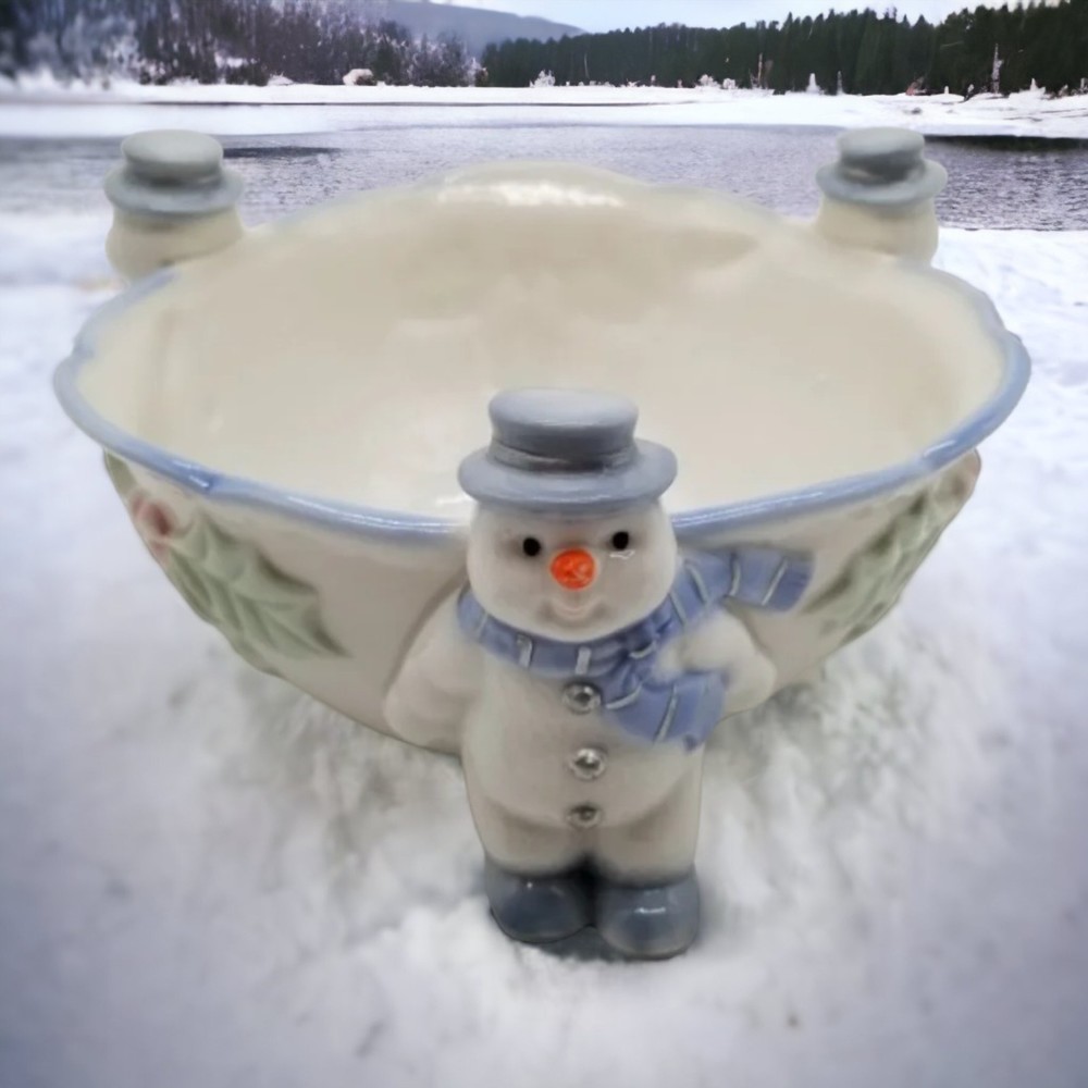Snowman Candy Bowl Dish Porcelain WCL Mistletoe Christmas Holiday Seasonal